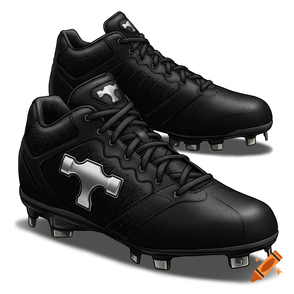 Illustration of a pair of black baseball cleats with a silver hammer logo.