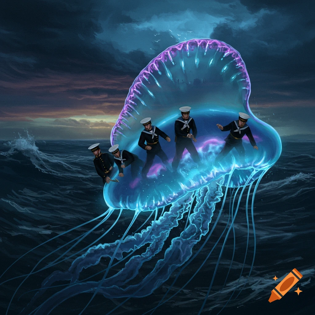 Sailors riding a large glowing jellyfish on a dark, wavy sea.