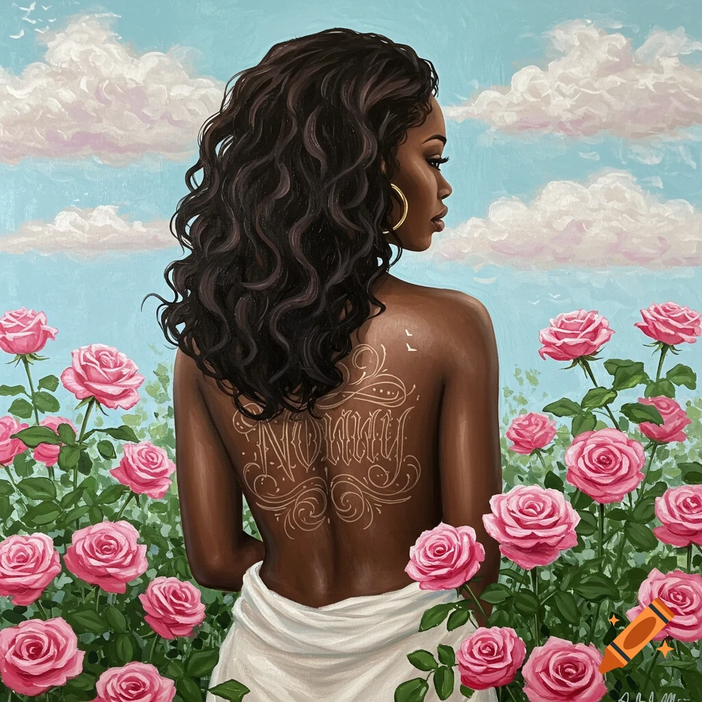 Painting of a woman with a tattoo on her back in a field of pink roses.