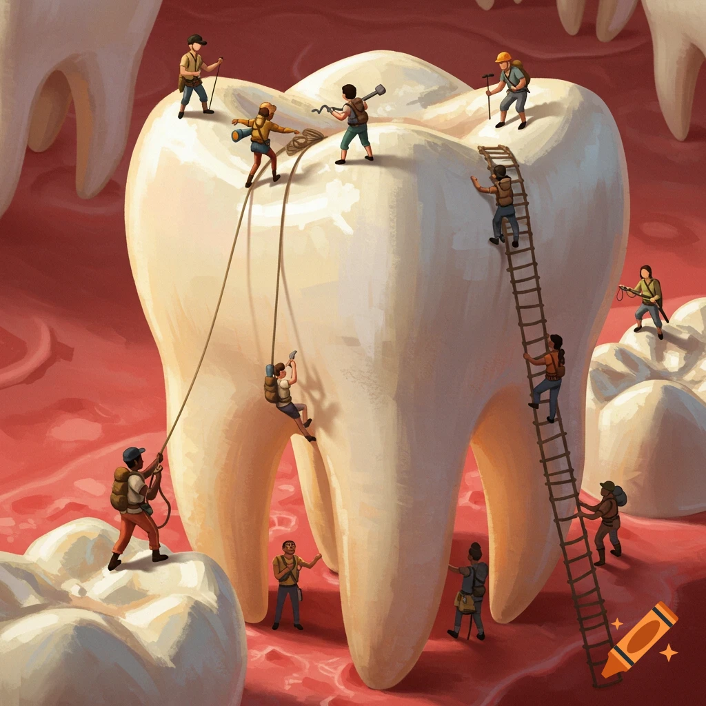 Illustration of miniature people climbing a giant tooth using ropes and ladders.
