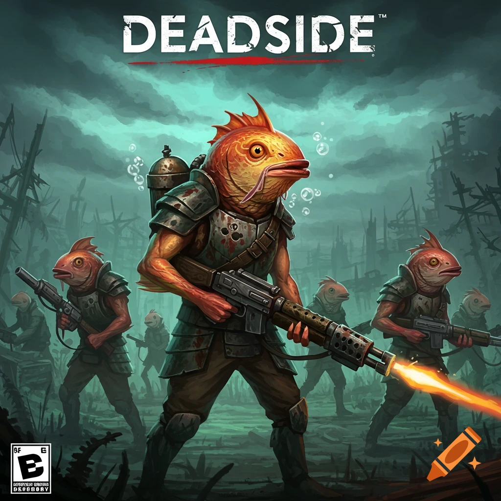 Game cover art featuring armored fish soldiers holding rifles in a ruined city landscape with logo text.