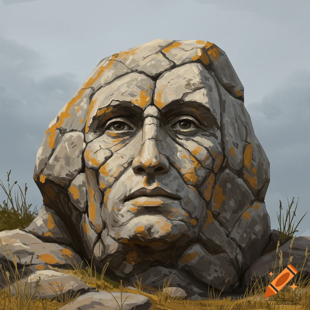 Close-up of a rock sculpture of a face with cracks and lichen in a landscape under a cloudy sky.