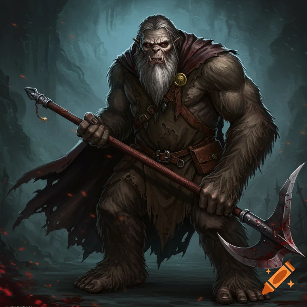 Fantasy illustration of a large furry creature with a beard, red eyes, and a bloody axe in a dark cave.
