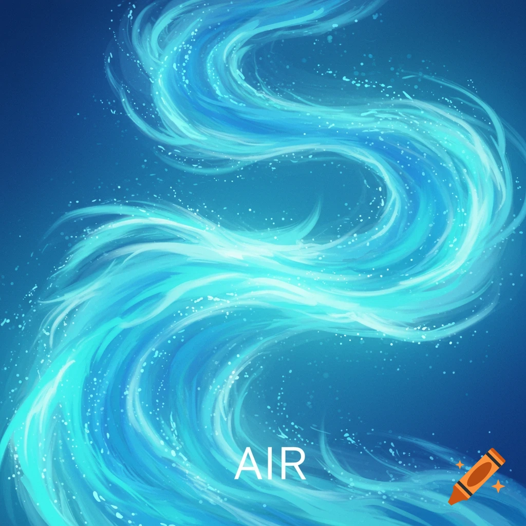 Stylized illustration of swirling blue air stream with 'AIR' text.