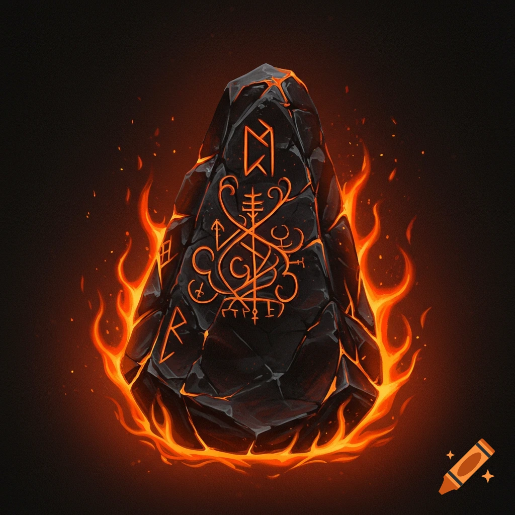 An illustration of a dark runestone glowing with orange runes, surrounded by fire.