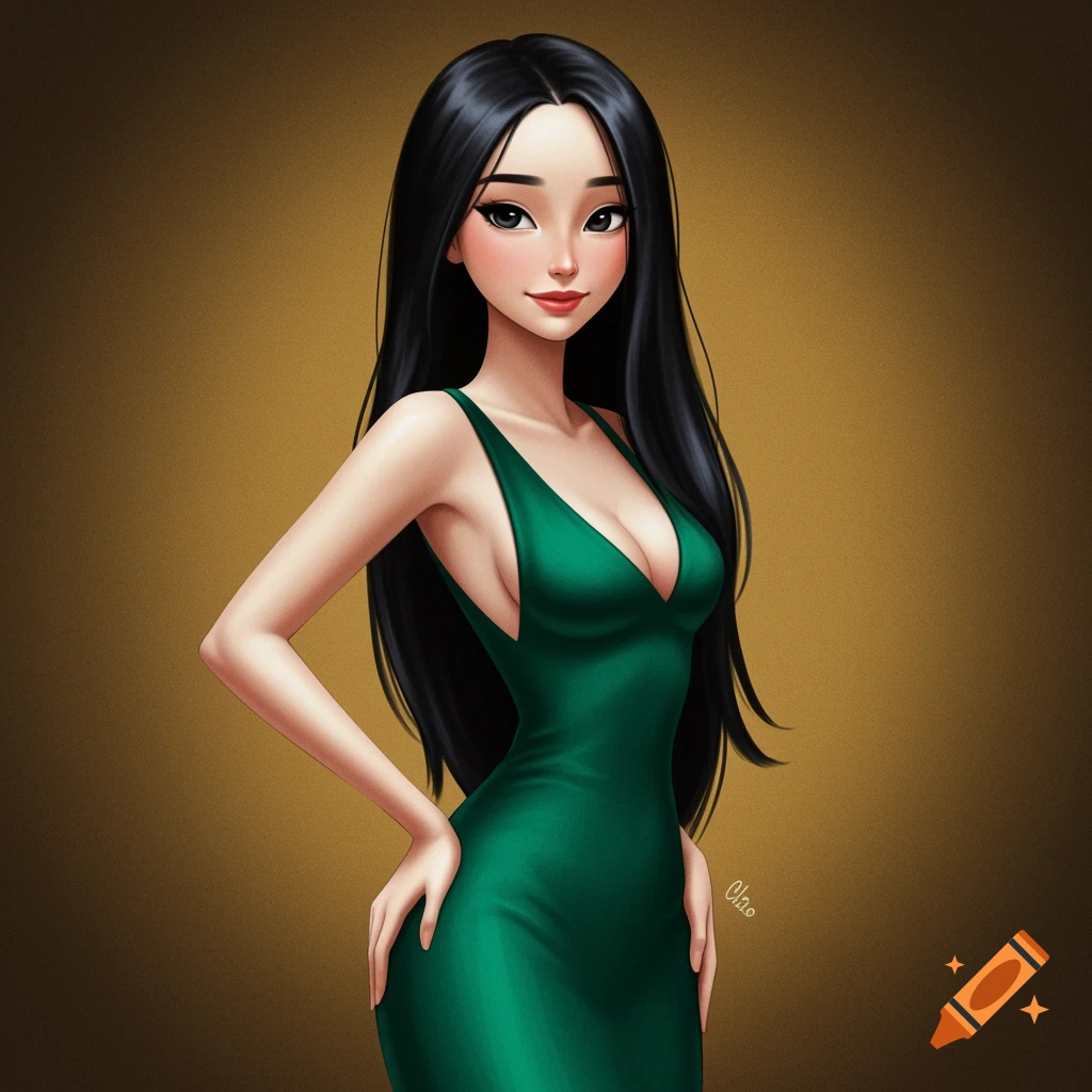 Cartoon illustration of a woman with black hair in a green dress.