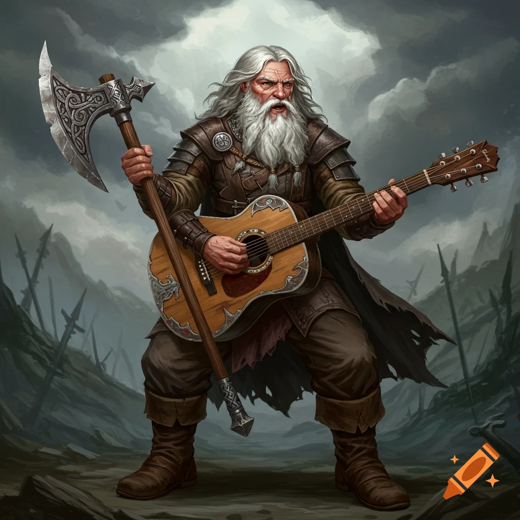 A fantasy illustration of an old man with a long gray beard and armor, holding a battle axe and playing a guitar on a battlefield.