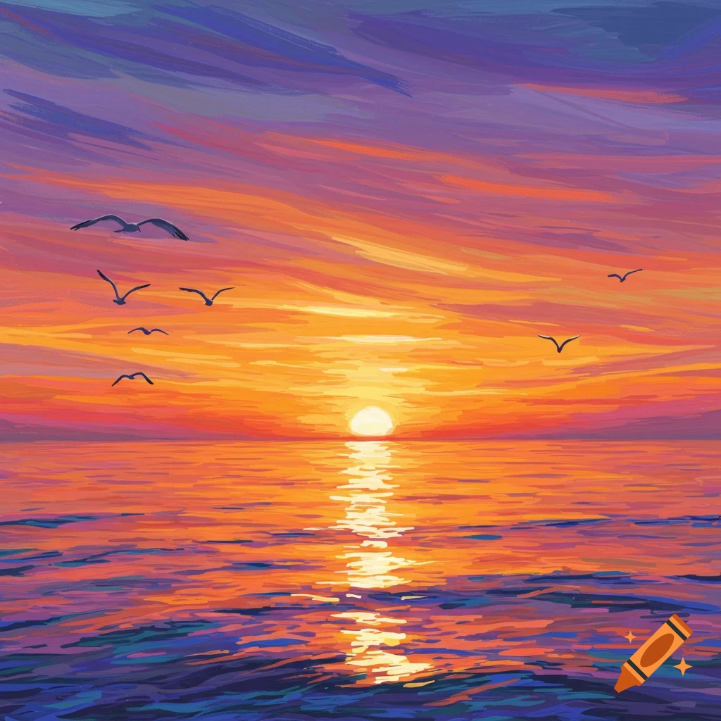 Painterly sunset over the ocean with birds flying.