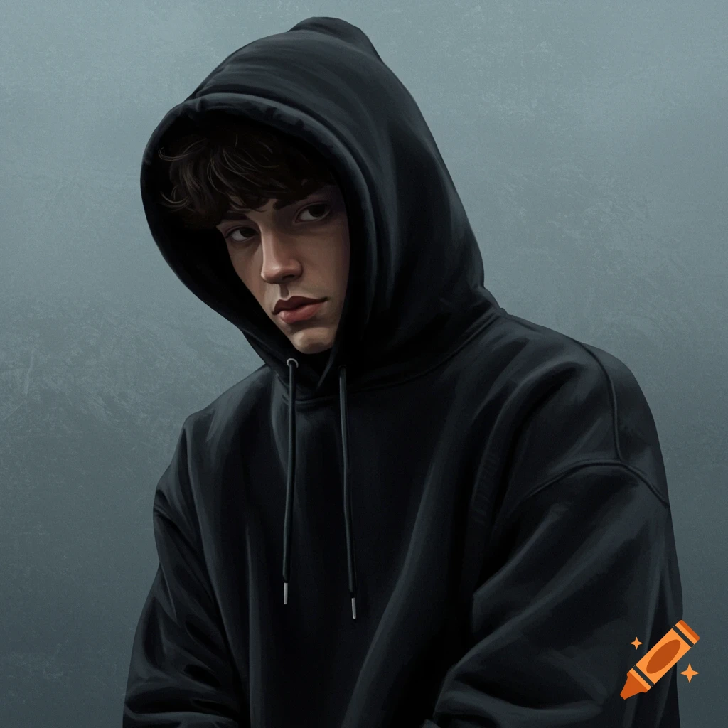 A young man in a black hoodie looks down.