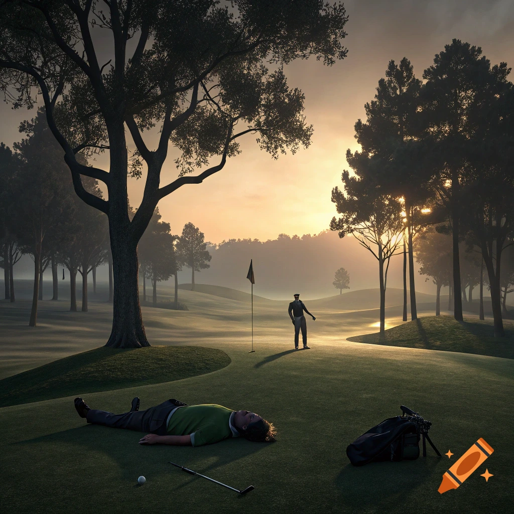 A man lies on the ground on a golf course at sunrise, with another person standing in the distance near the flag.