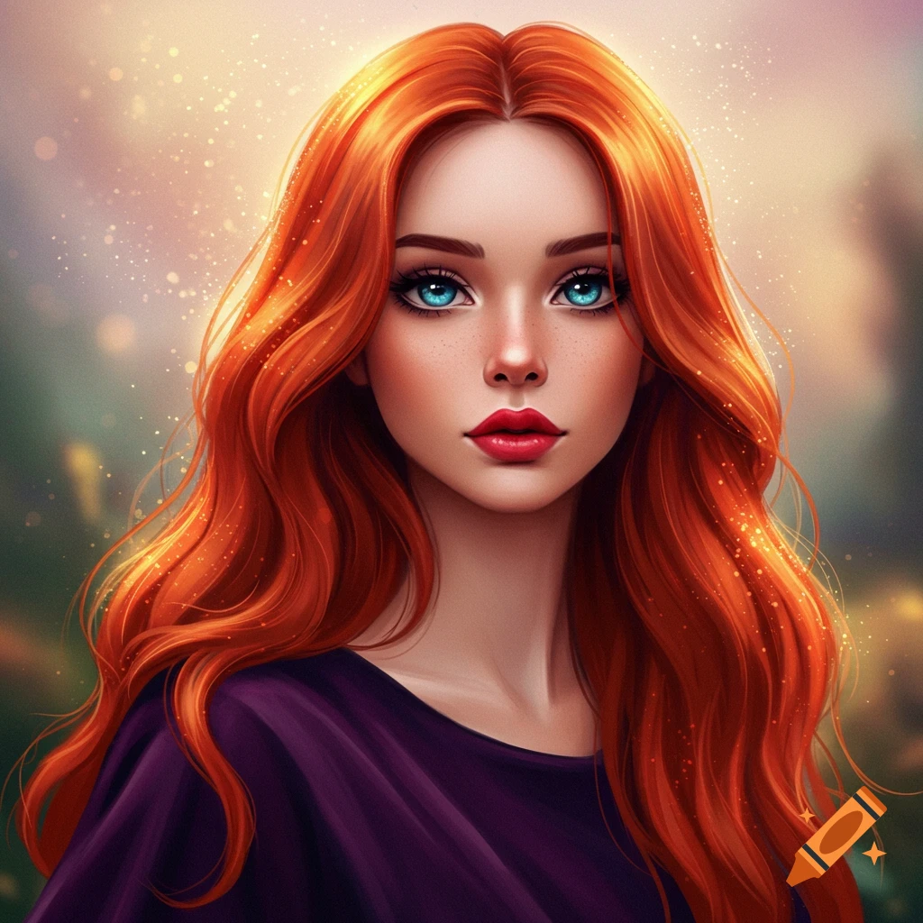 Portrait of a woman with red hair, blue eyes, wearing purple, in a fantasy art style.