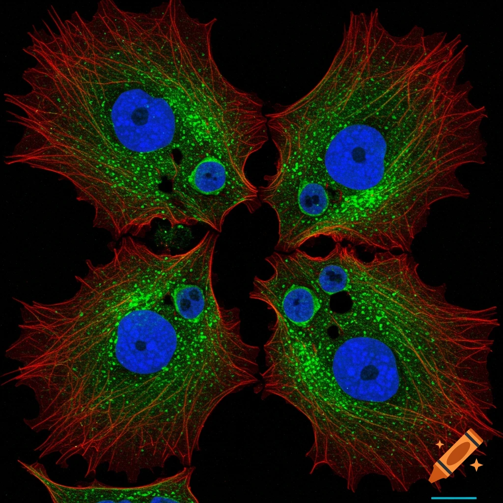 Fluorescence microscopy image of cells with green actin, red microtubules, and blue nuclei on a black background.