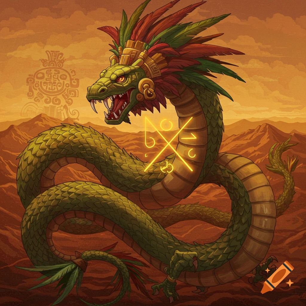 Quetzalcoatl, a feathered serpent, coiled in a desert landscape with mountains and ancient symbols.