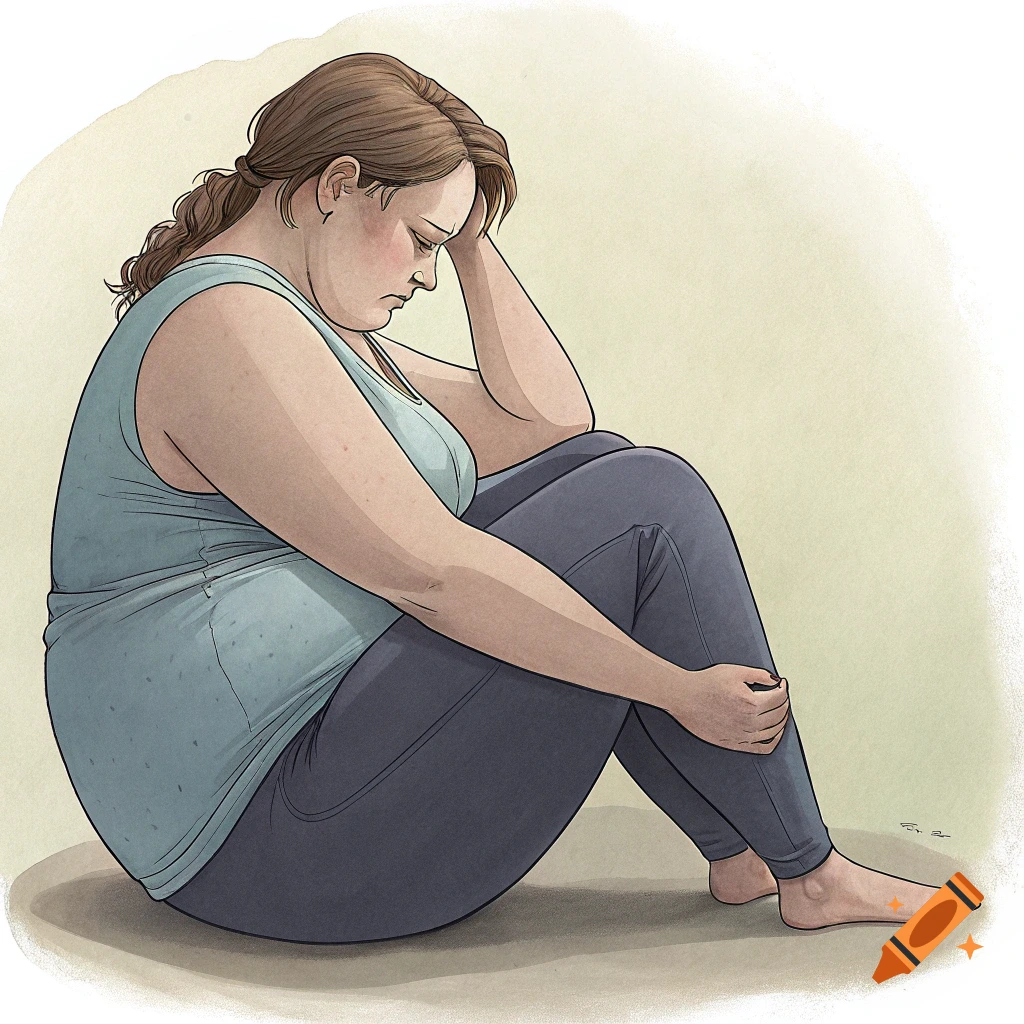 An illustration of an overweight woman sitting with her head in her hand, looking sad.