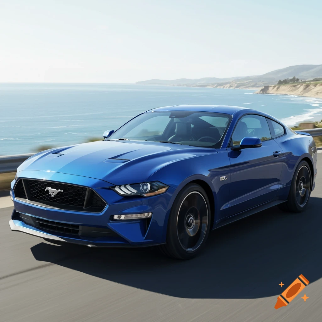 A blue Ford Mustang drives along a coastal highway on a sunny day.