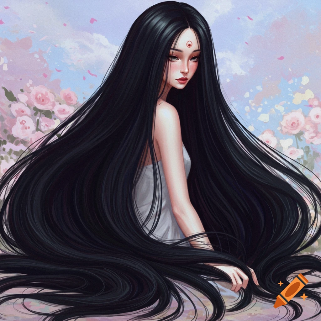 A woman with incredibly long dark hair stands against a background of pink roses and sky.