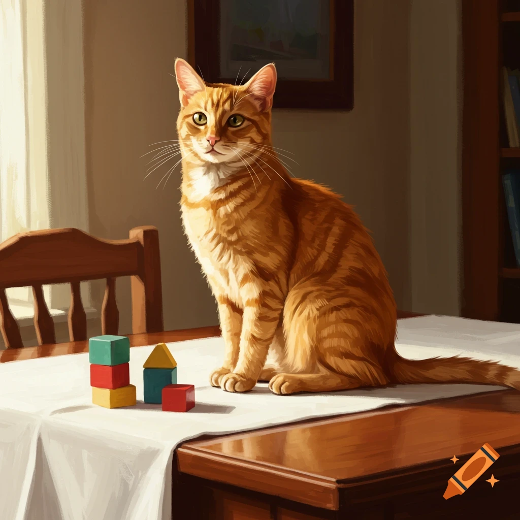 An orange tabby cat sits on a table next to red, blue, and yellow toy blocks in a painted style.