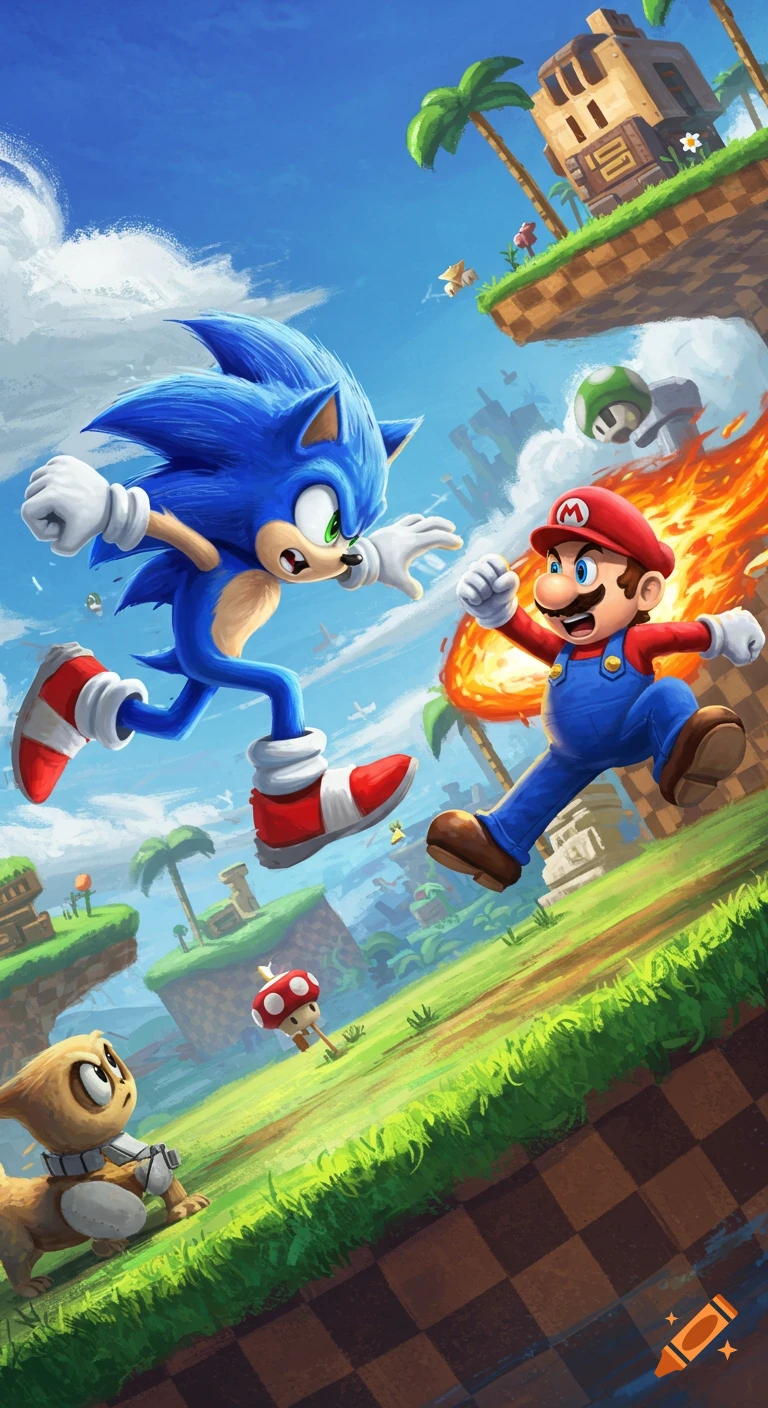 Illustration of Sonic the Hedgehog and Super Mario running towards each other in a colorful crossover video game landscape.