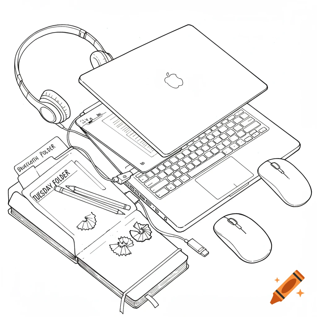 Line drawing of a laptop, headphones, notebook, mice, and pencils.
