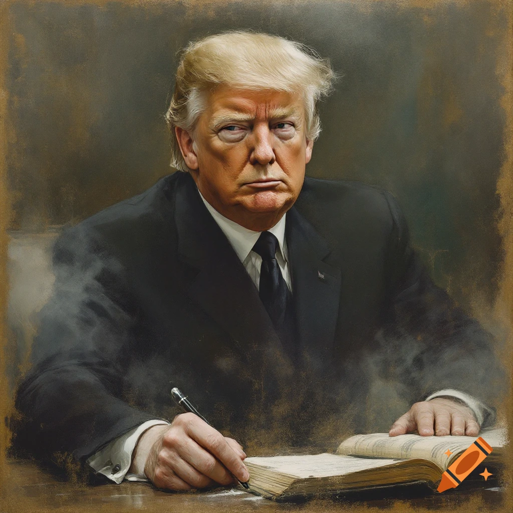 Painterly portrait of a man resembling Trump writing in a book