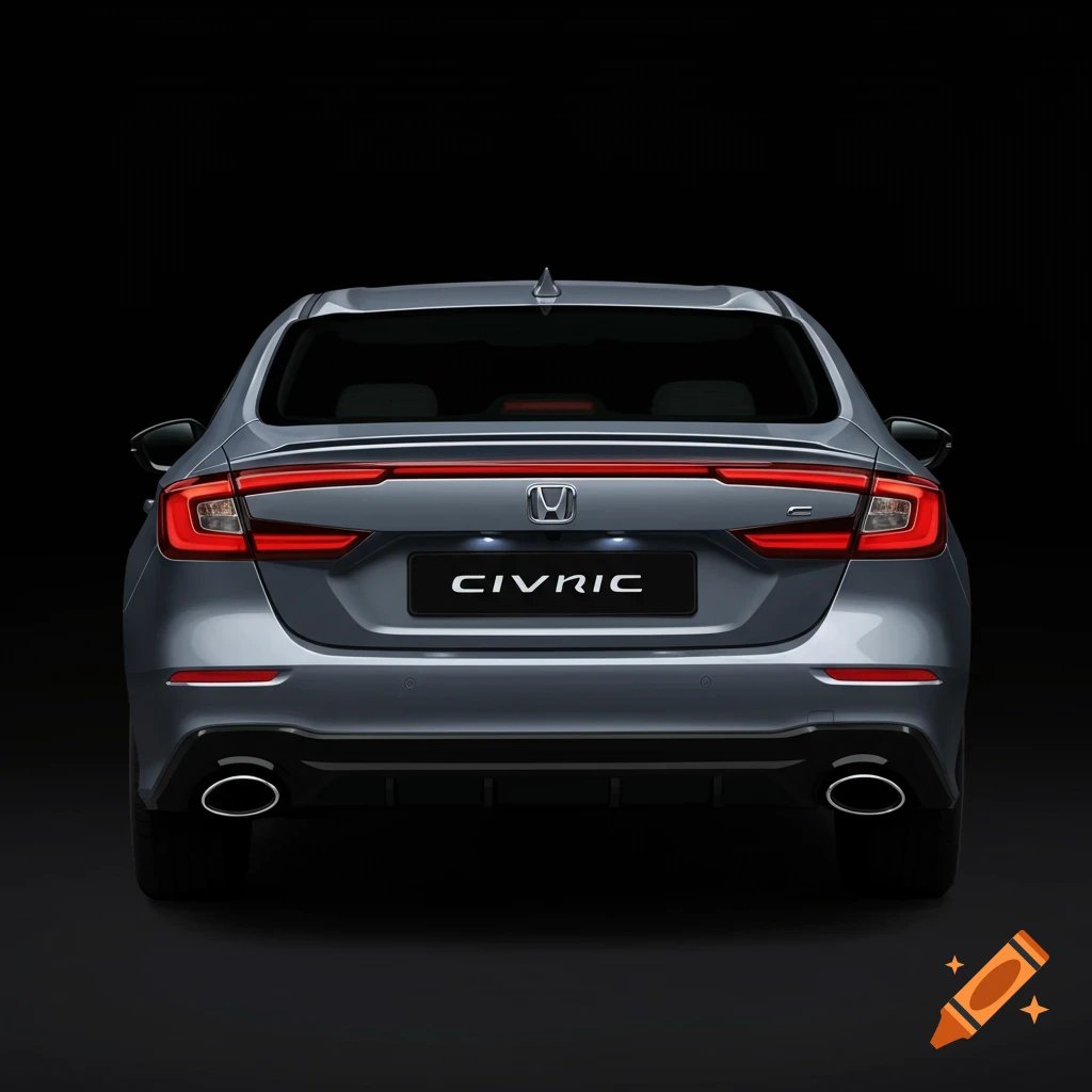 Rear view of a gray Honda Civic sedan against a black background.