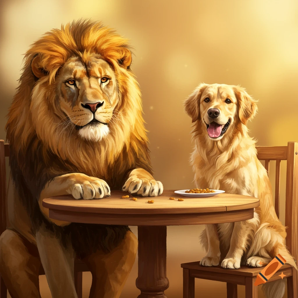 A large lion and a golden retriever sit at a wooden table with treats on it.