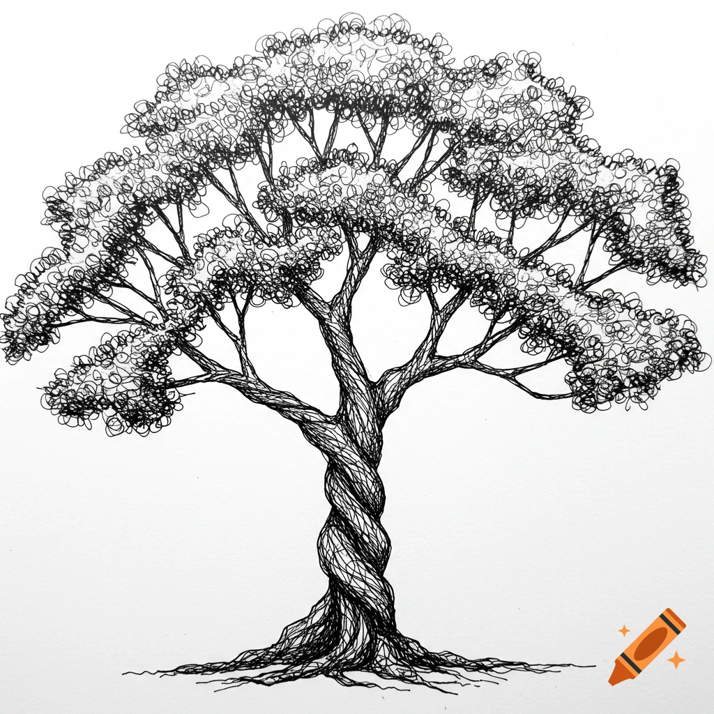 Black and white sketch of an abstract tree with a twisted twine trunk.