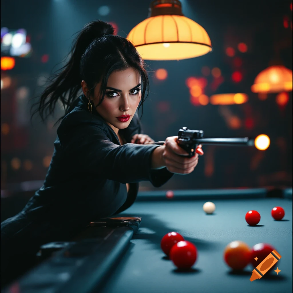 Woman aiming a gun over a pool table in a dimly lit room