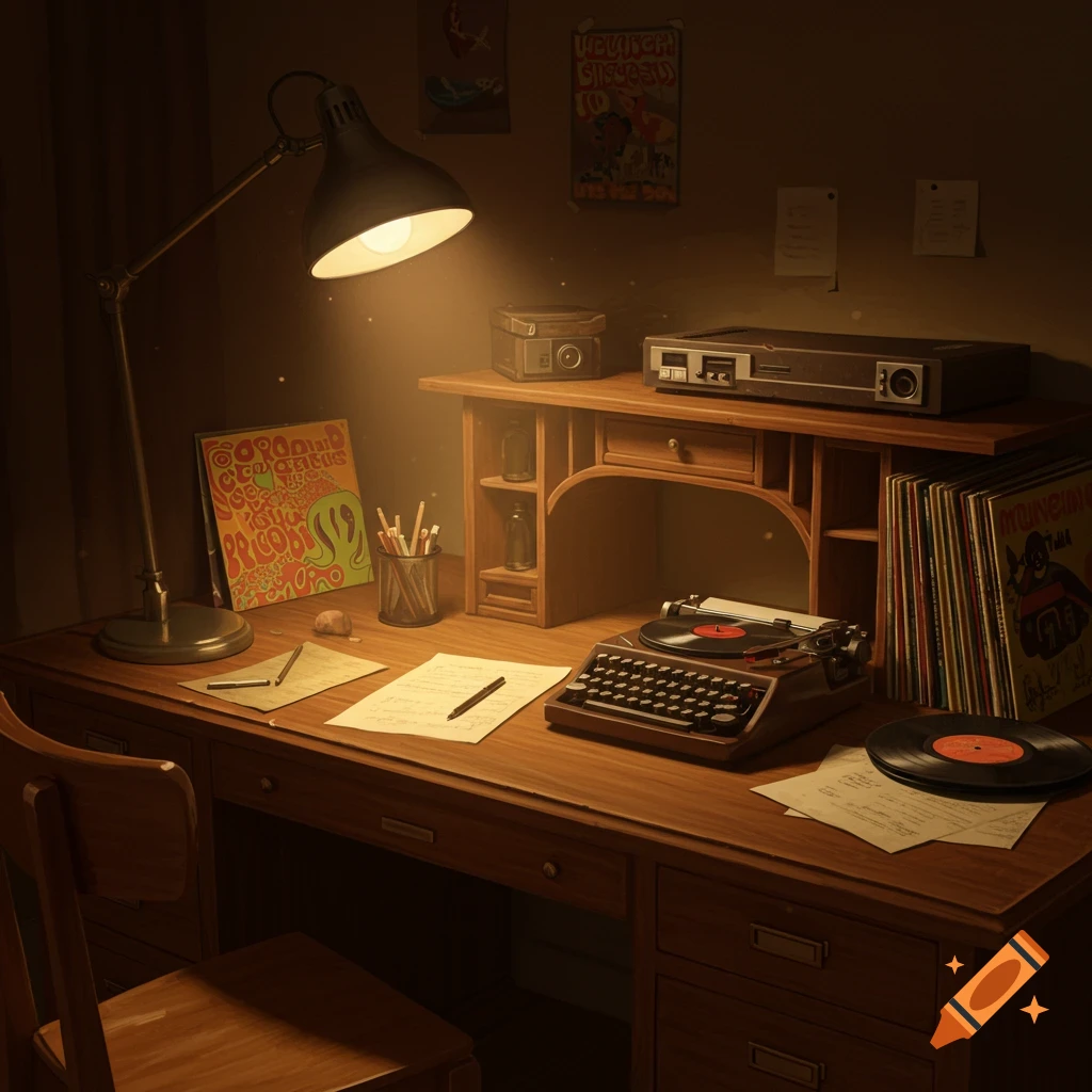 A vintage wooden desk illuminated by a lamp, featuring a record player, records, a typewriter, and paper.