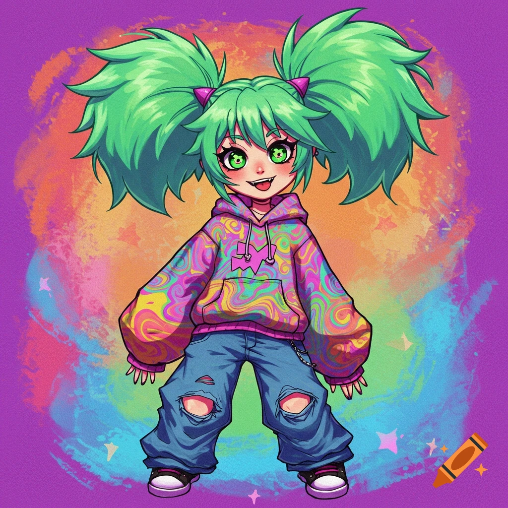 Anime drawing of a girl with green pigtails, colorful hoodie, and ripped jeans against a vibrant background.