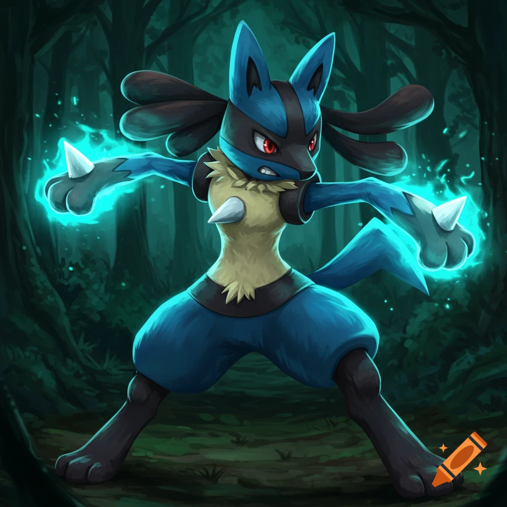 Lucario character in a dark forest charging blue energy in its paws.