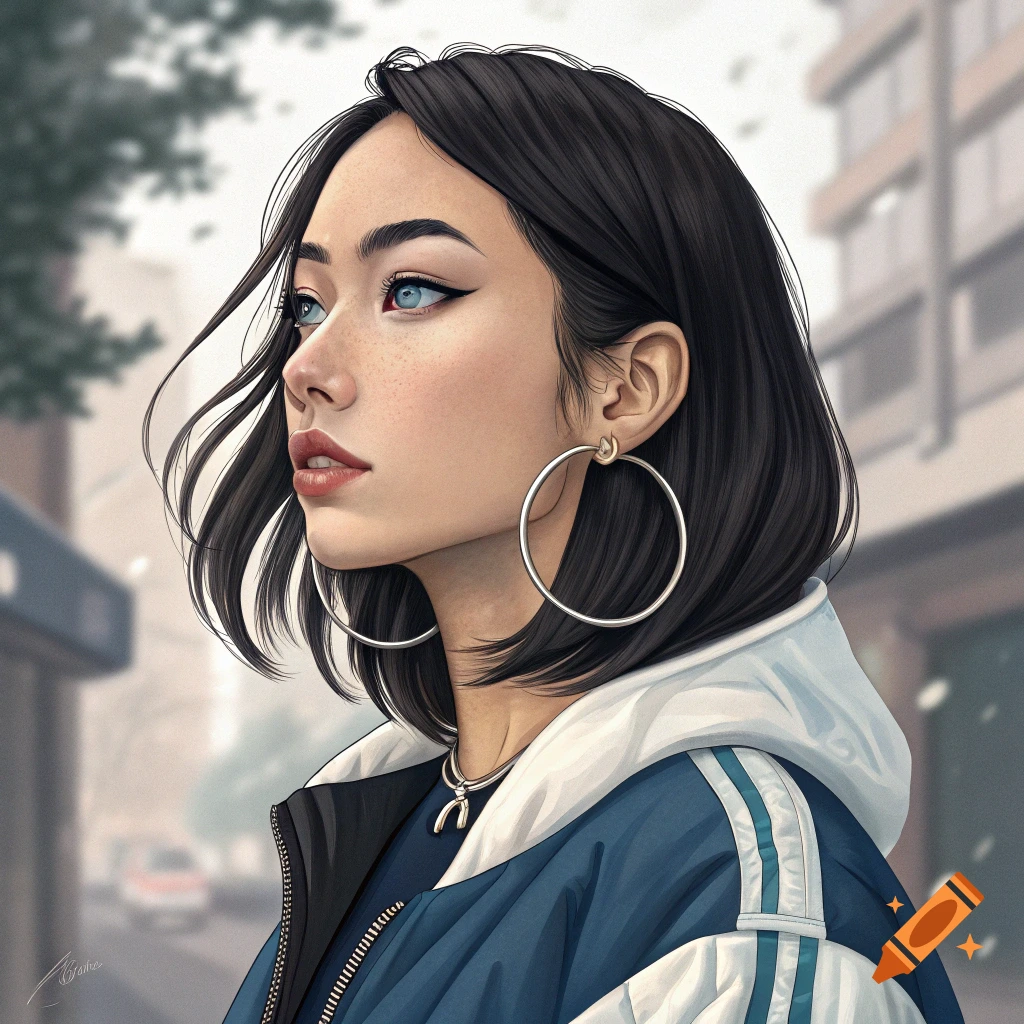 Drawing of a young woman with blue eyes and large hoop earrings, wearing a blue and white jacket, looking up while standing outdoors.