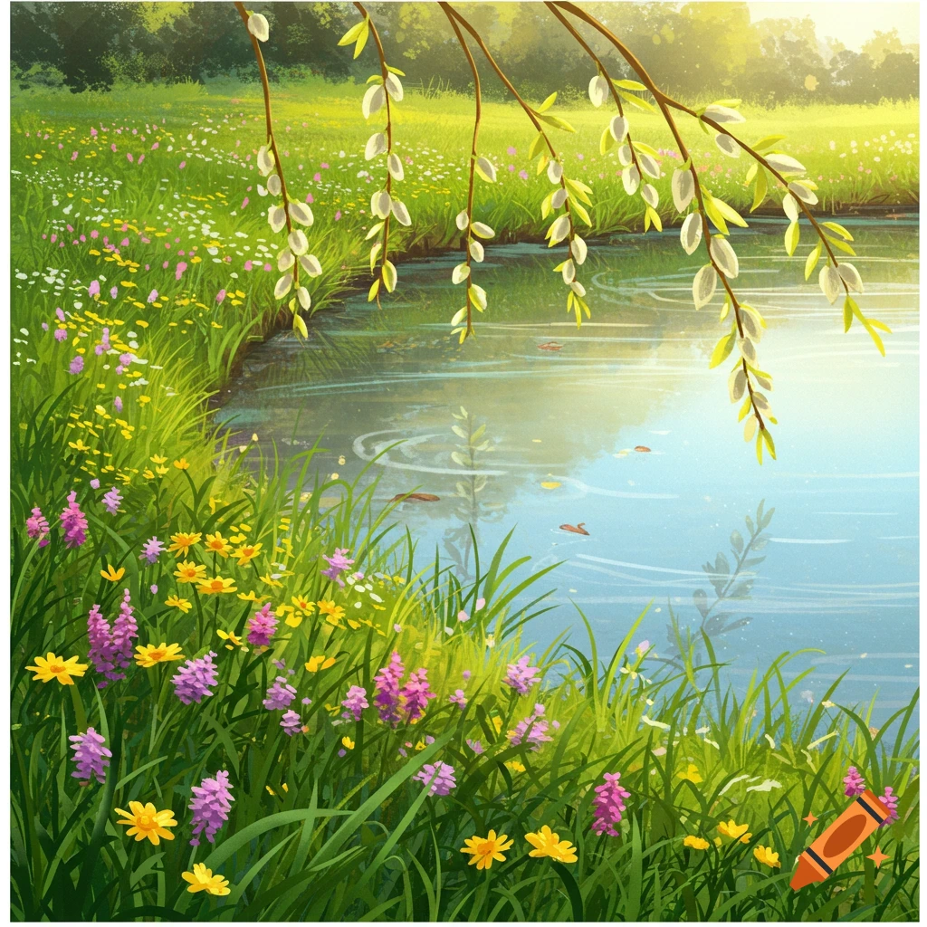 Sunny spring landscape illustration with a pond, colorful flowers, and tall grass.