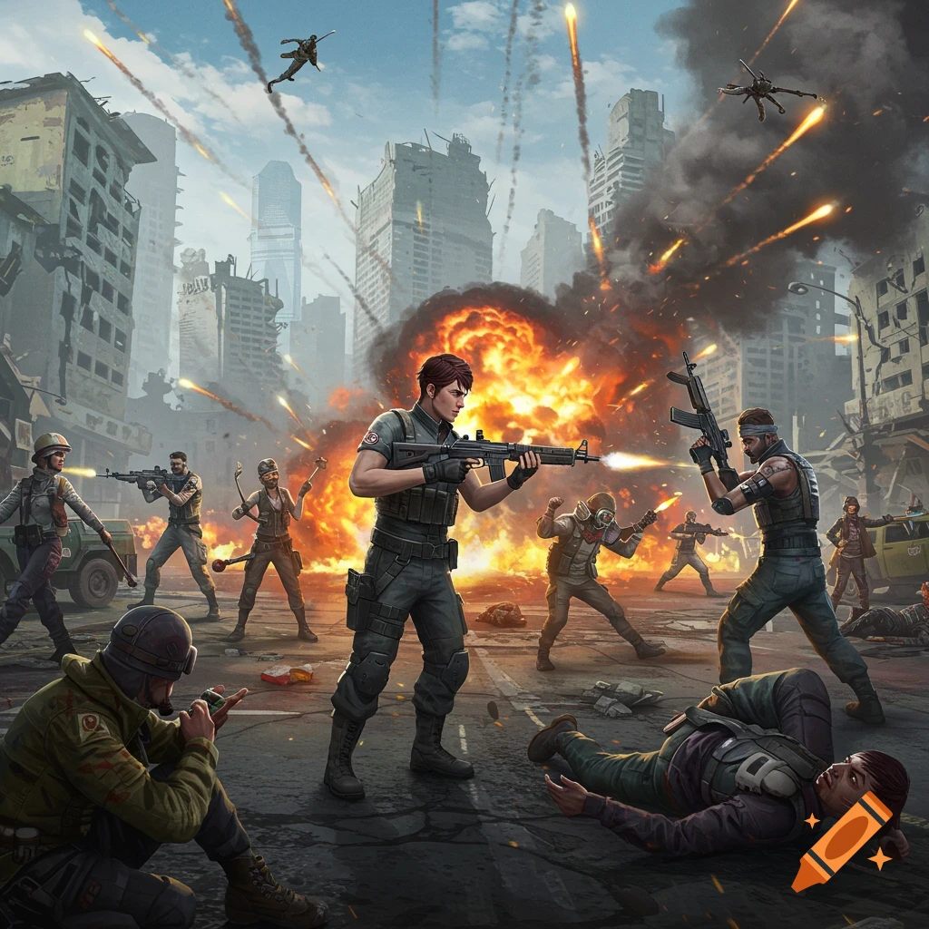 Illustration of soldiers fighting in a ruined city with a large explosion, action scene.