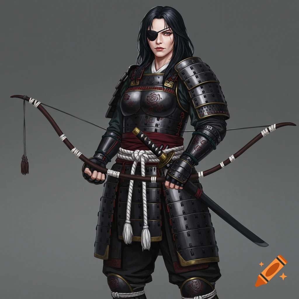 Woman in black samurai armor with eyepatch holding a bow.
