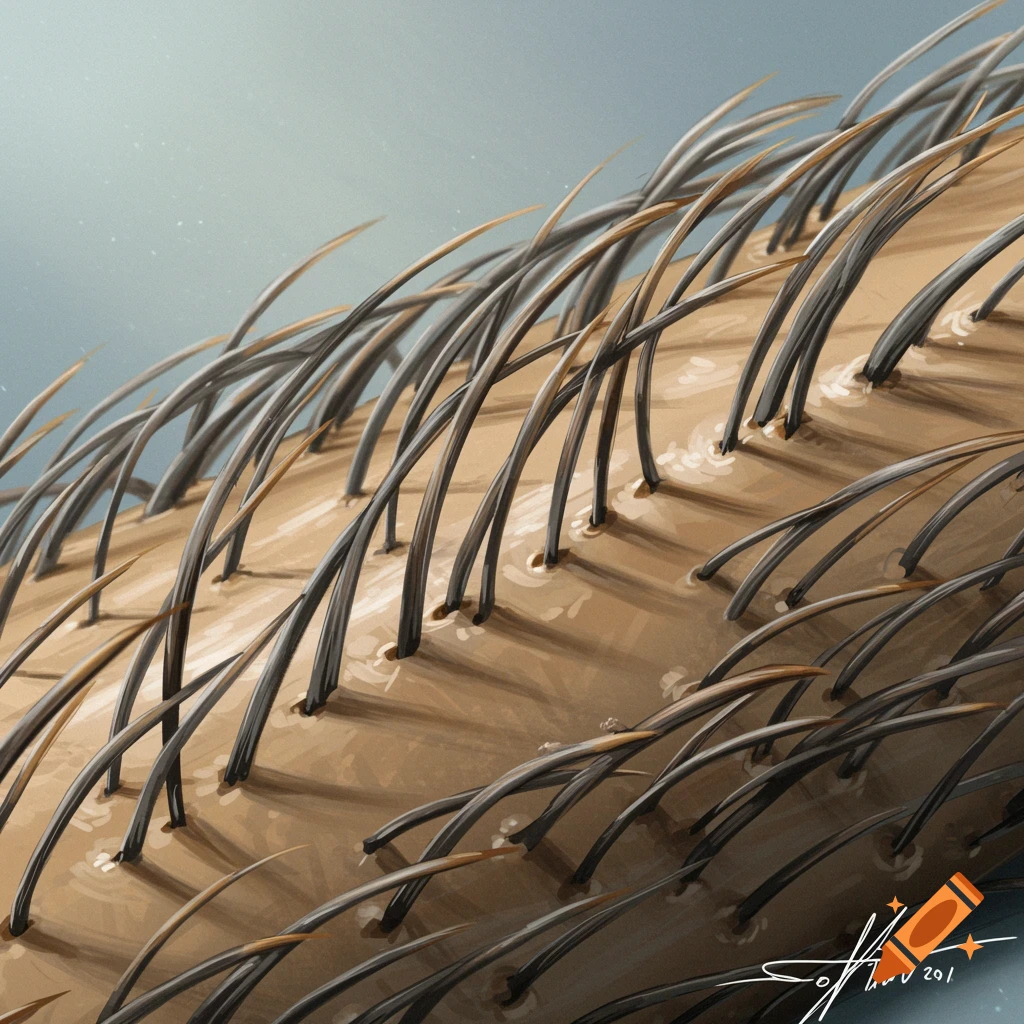 A close-up view of dark hair growing out of pores on light brown skin.