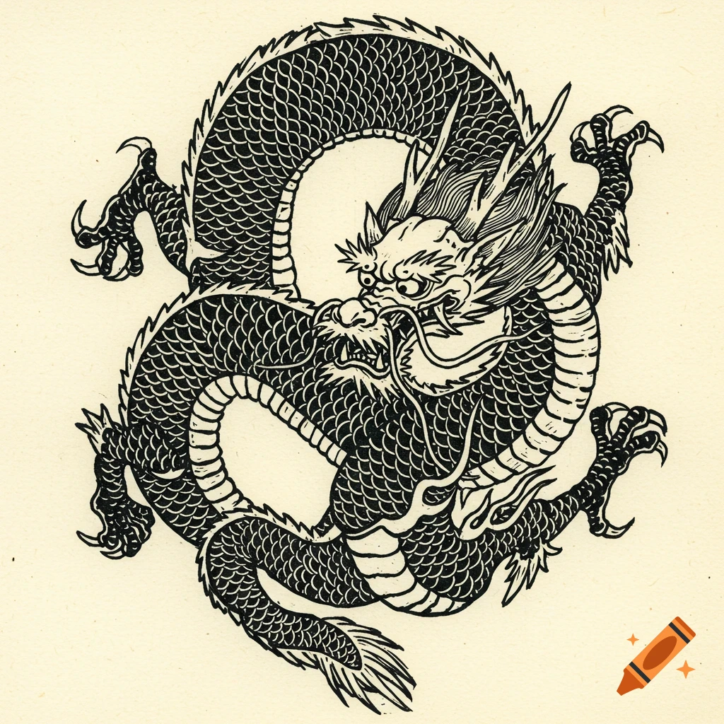 Black and white woodblock carving of a coiled dragon