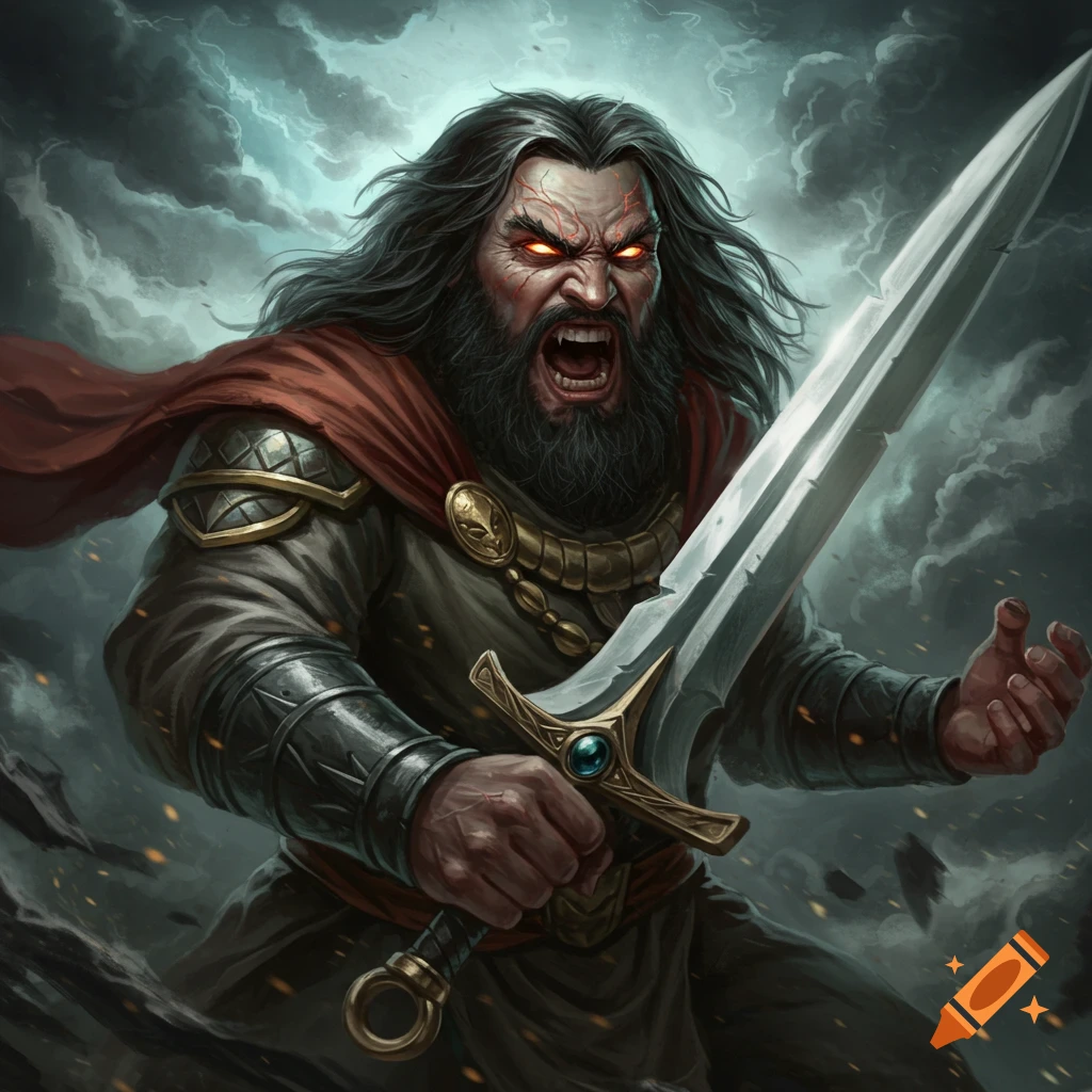 Angry fantasy warrior yelling with a sword against a stormy background.