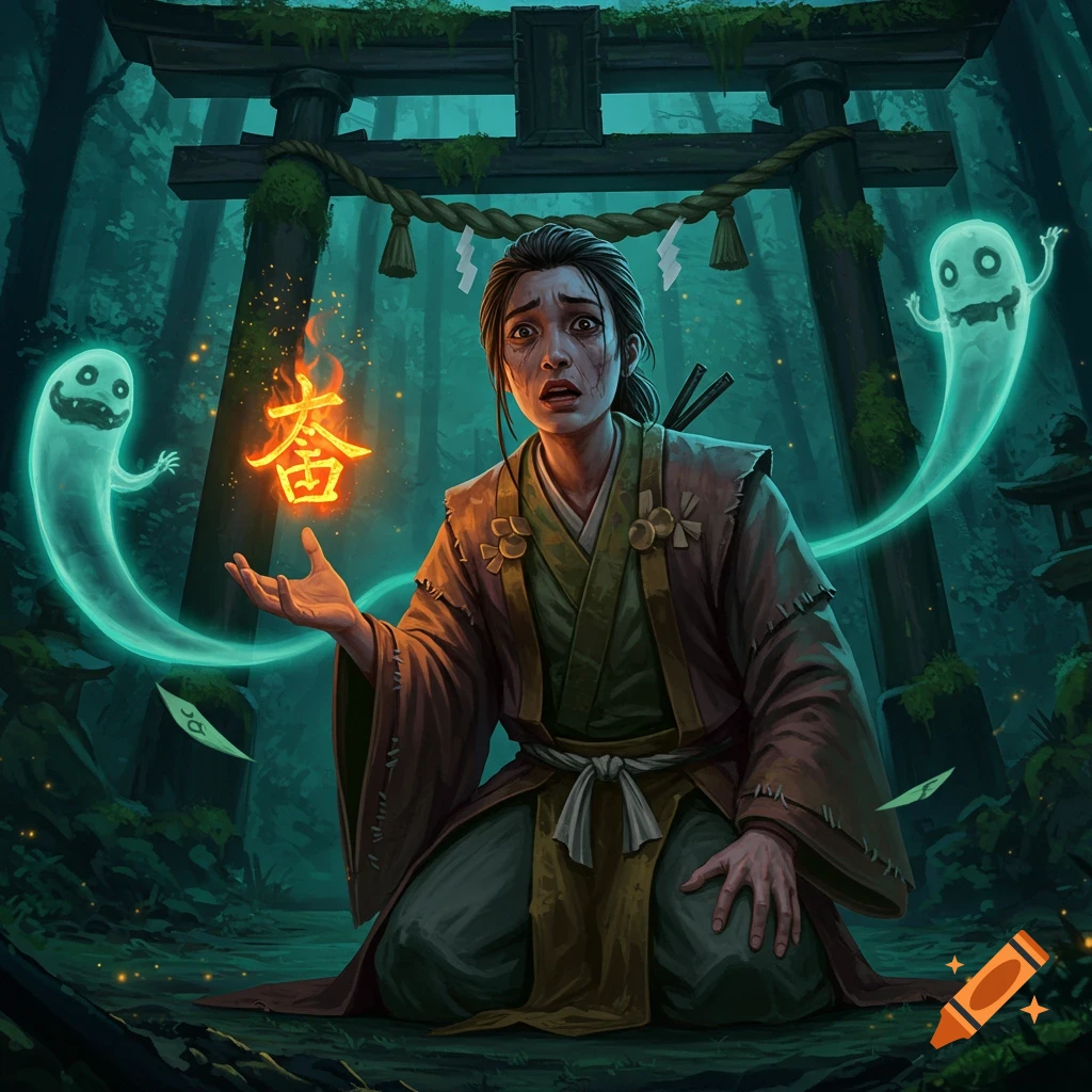 Illustration of a person kneeling in a dark forest with ghosts and glowing kanji near a torii gate.