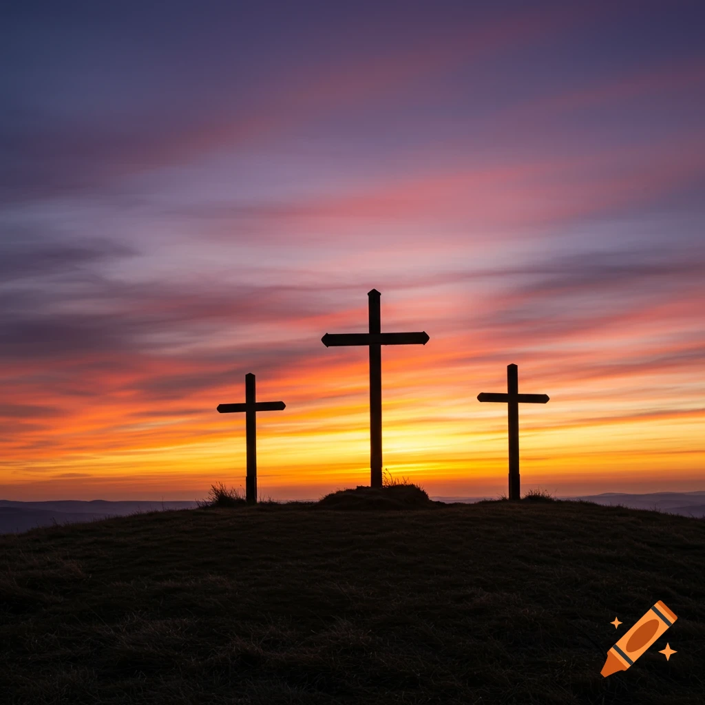 Three crosses silhouetted on a hill against a vibrant sunset sky.