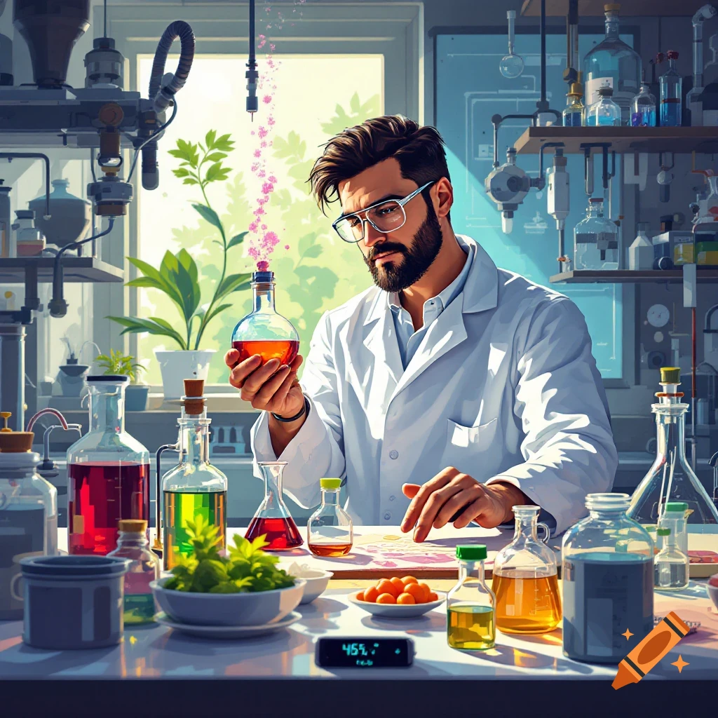 A chemist examines a flask with red liquid in a bright, sunny laboratory.
