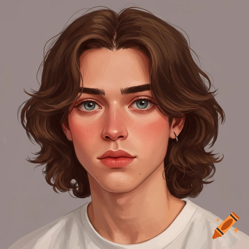 Portrait of a young person with blue eyes and wavy brown hair looking at the camera.