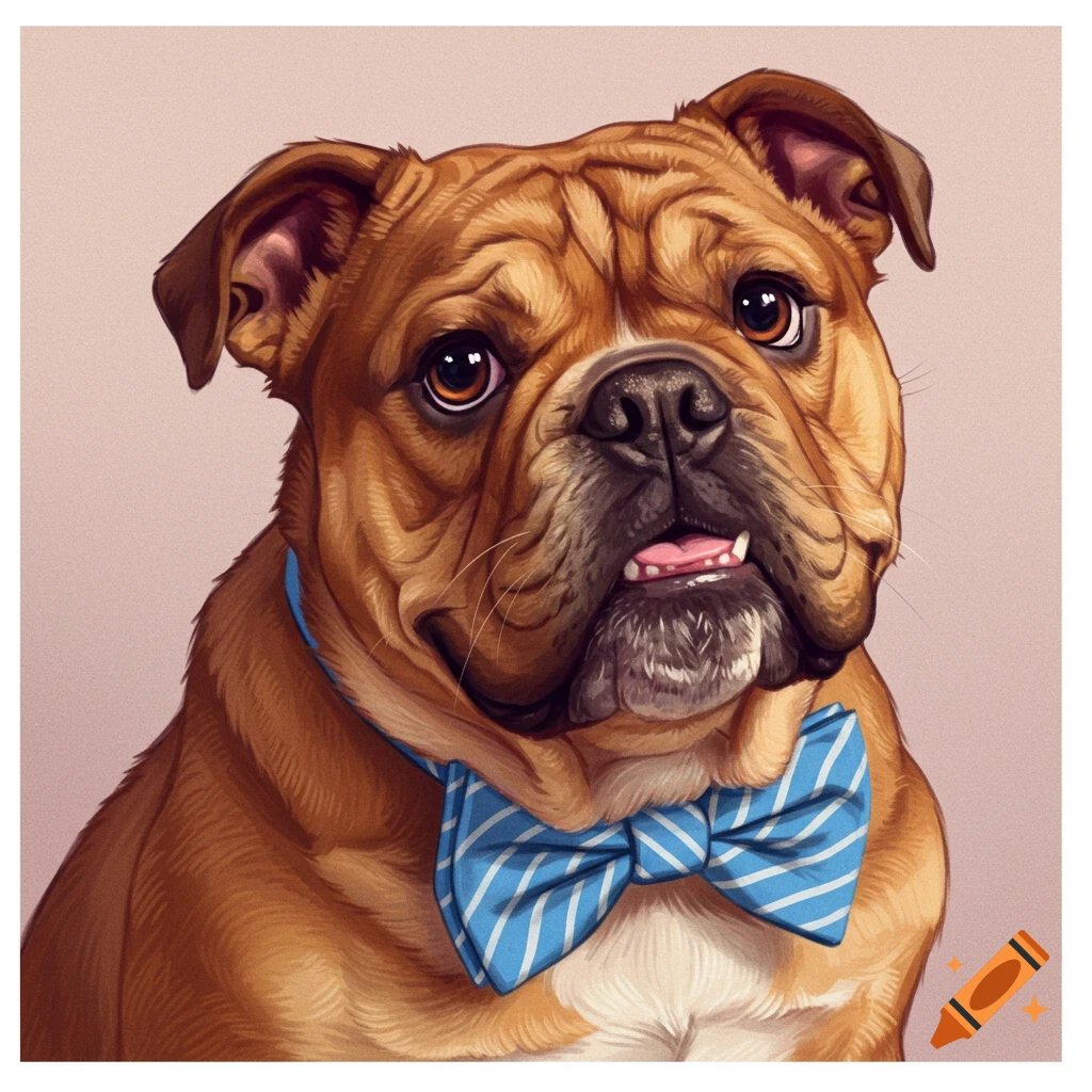 A digital illustration portrait of a bulldog wearing a striped bow tie