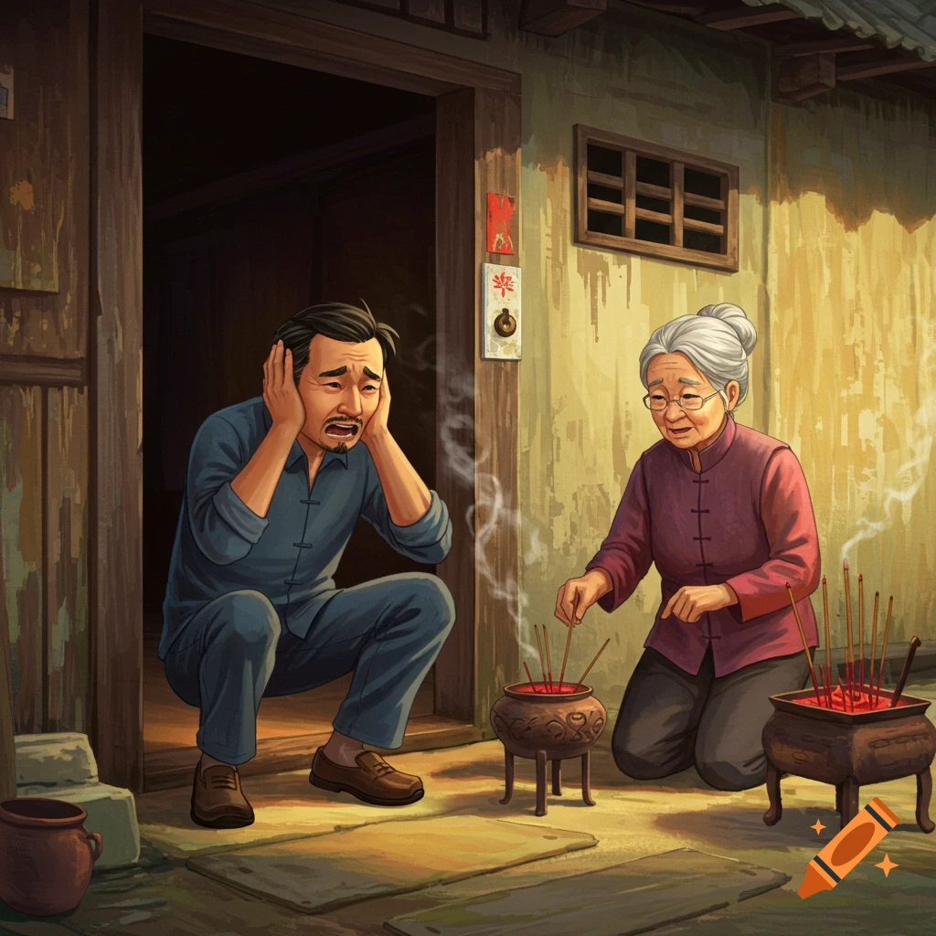 A man covers his ears while an older woman kneels and burns incense outside a building.