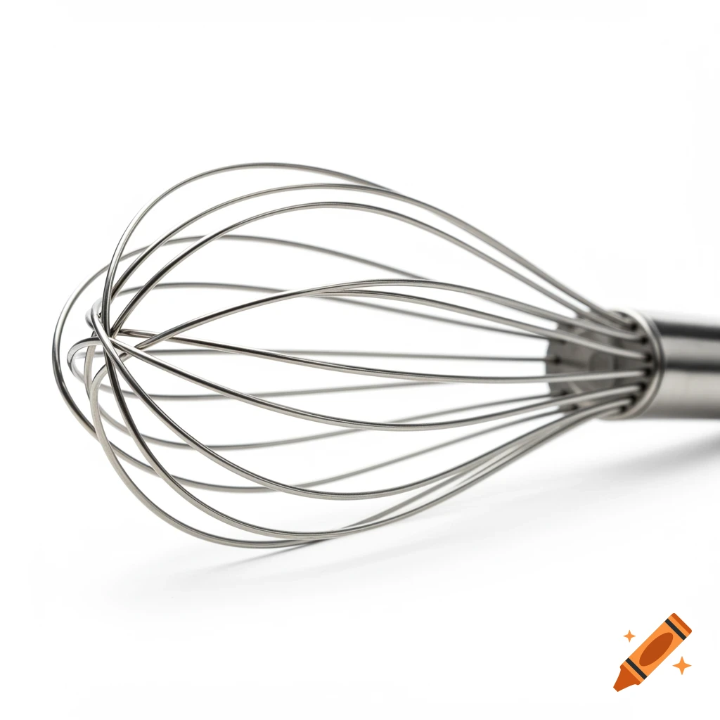 Close-up of a metal whisk on a white background