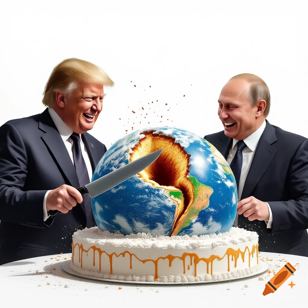 Donald Trump and Vladimir Putin laugh while cutting into an Earth-shaped cake.