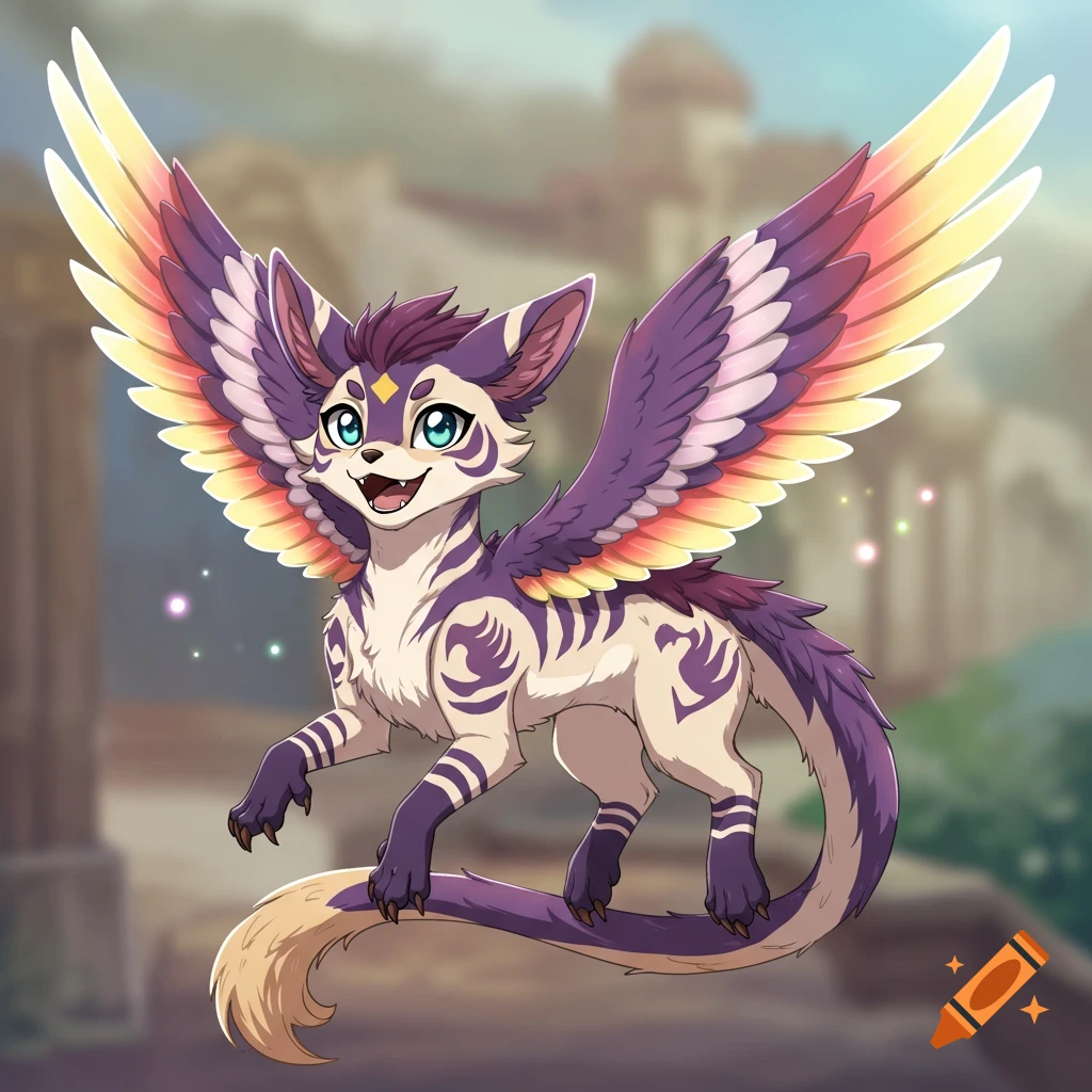 Anime-style winged creature with purple and beige fur and tribal markings flying in front of ruins.