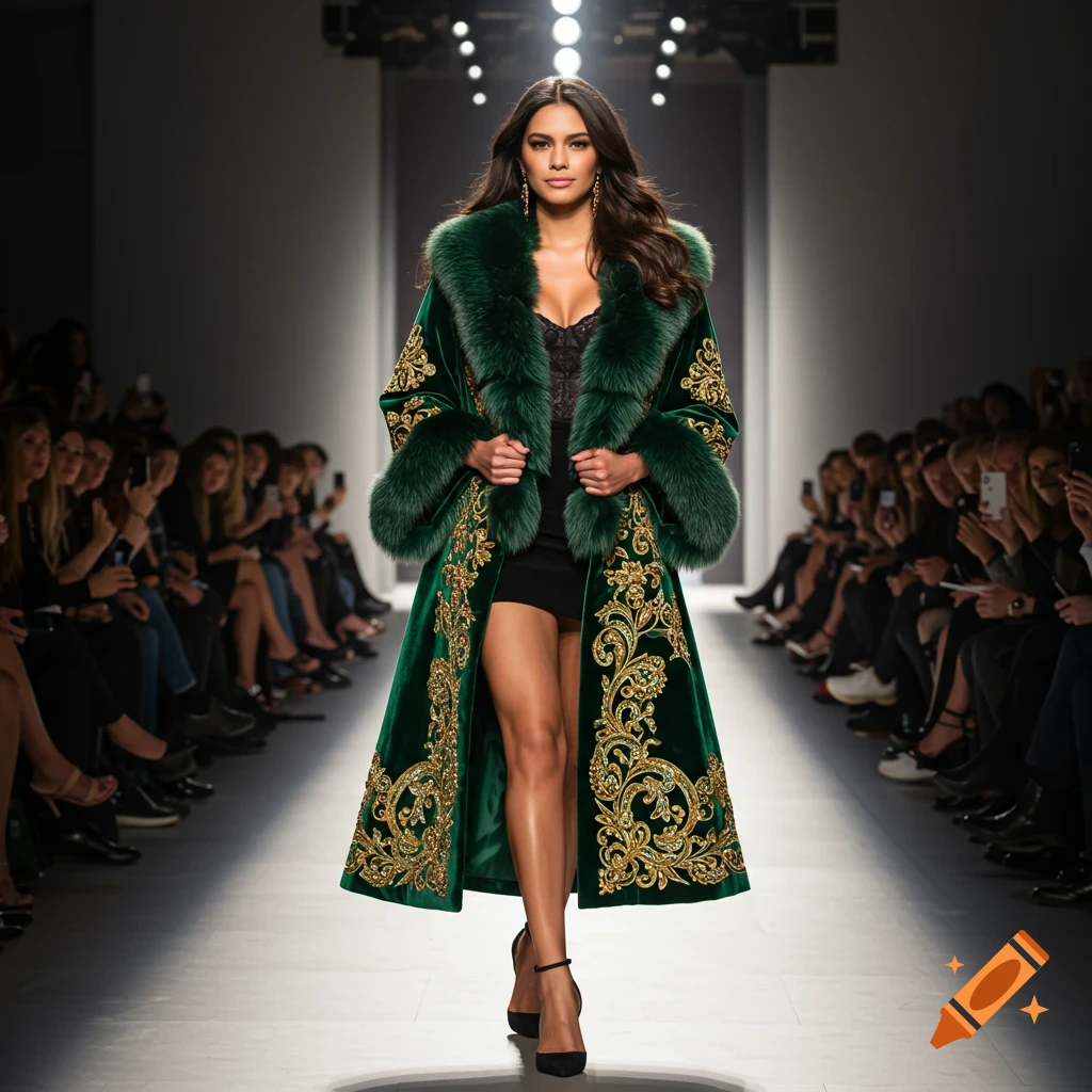 A Latina model walks down a runway wearing a lavish green coat with gold embroidery and fur trim.