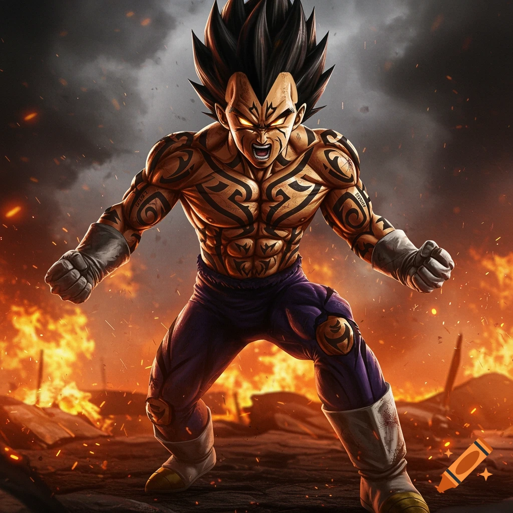 Stylized anime illustration of a muscular character resembling Vegeta with tribal tattoos in a fiery landscape