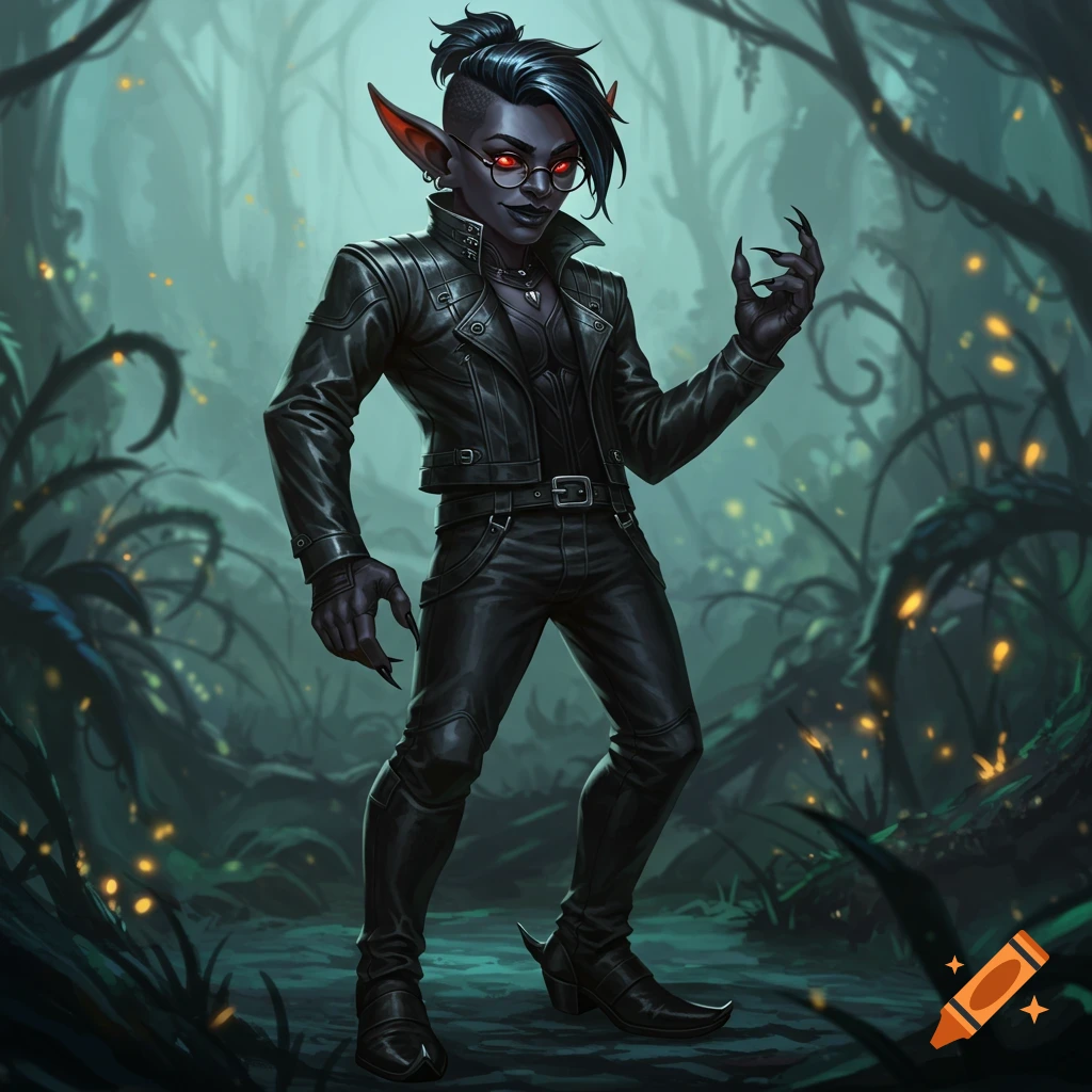 Dark fantasy character with black skin, red eyes, and claws in a leather jacket in a forest.